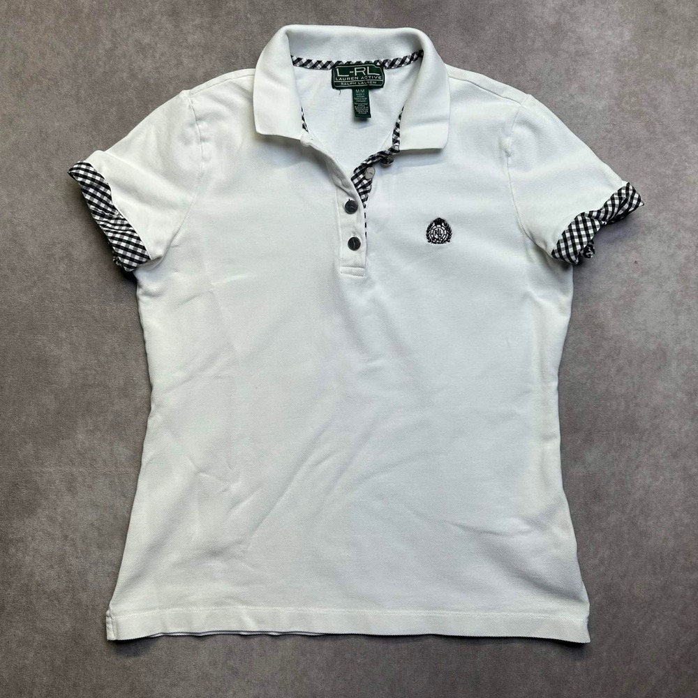 Lauren Active Ralph Lauren White Gingham Trim Polo Shirt Crest Logo Womens M